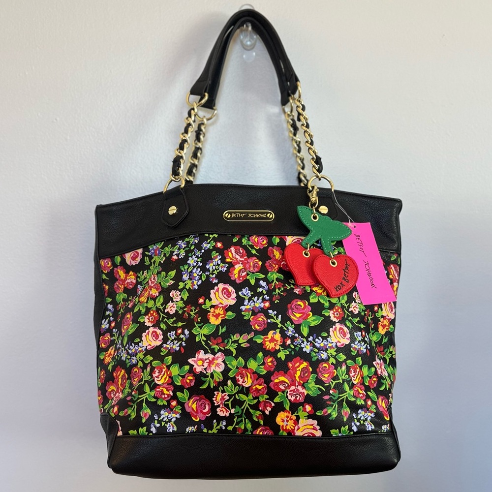 Betsey Johnson Black Floral Chain-Link Tote